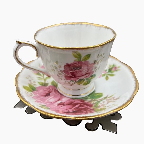Royal Albert American Beauty Bone China Tea Cup Saucer Pink Green Gilt Floral - Picture 3 of 12